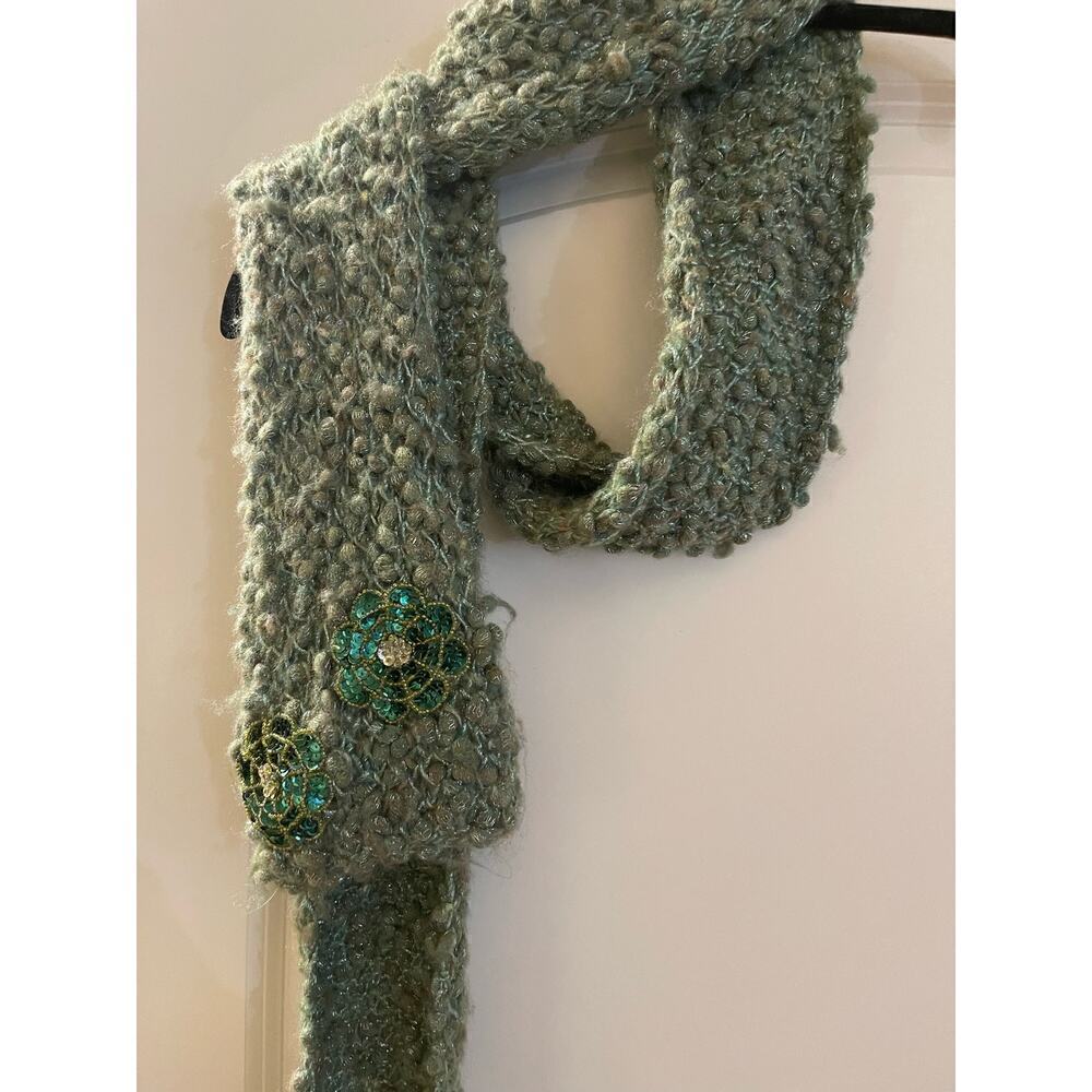 Scarf  hand knit- safe green  with matching appliqué at the end handknit 5”+wide